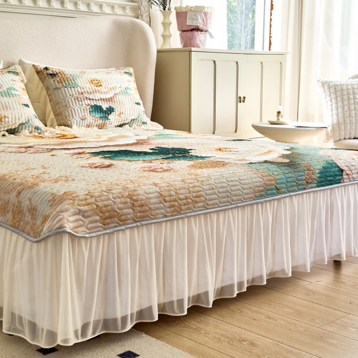 91家纺网 家纺一手货源 找家纺 苹果星家纺 2025新款5D数码印花凉干丝床裙床盖凉席夏被四件套 云栖花影