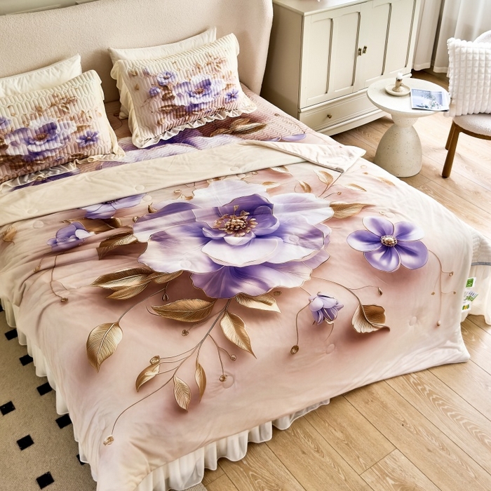 91家纺网 家纺一手货源 找家纺 苹果星家纺 2025新款5D数码印花凉干丝床裙床盖凉席夏被四件套 紫韵粉黛