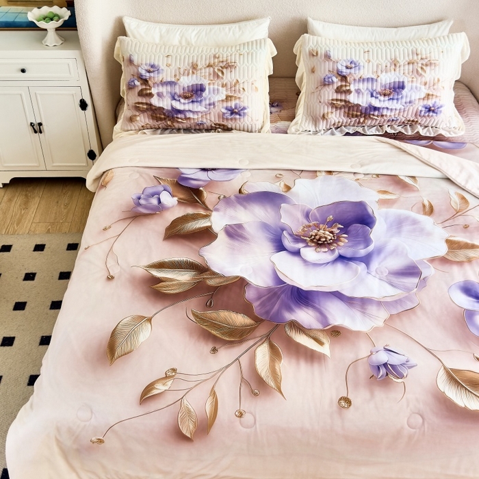 91家纺网 家纺一手货源 找家纺 苹果星家纺 2025新款5D数码印花凉干丝床裙床盖凉席夏被四件套 紫韵粉黛
