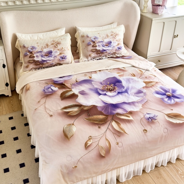 91家纺网 家纺一手货源 找家纺 苹果星家纺 2025新款5D数码印花凉干丝床裙床盖凉席夏被四件套 紫韵粉黛