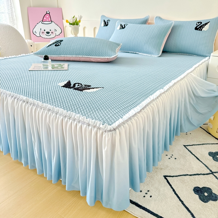 91家纺网 家纺一手货源 找家纺 恋佳居2025新款A类乙伦PE凉豆豆毛巾绣仙女风冰丝席 比翼双飞—蓝