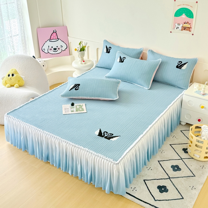 91家纺网 家纺一手货源 找家纺 恋佳居2025新款A类乙伦PE凉豆豆毛巾绣仙女风冰丝席 比翼双飞—蓝