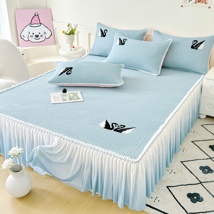 91家纺网 家纺一手货源 找家纺 恋佳居2025新款A类乙伦PE凉豆豆毛巾绣仙女风冰丝席 比翼双飞—蓝