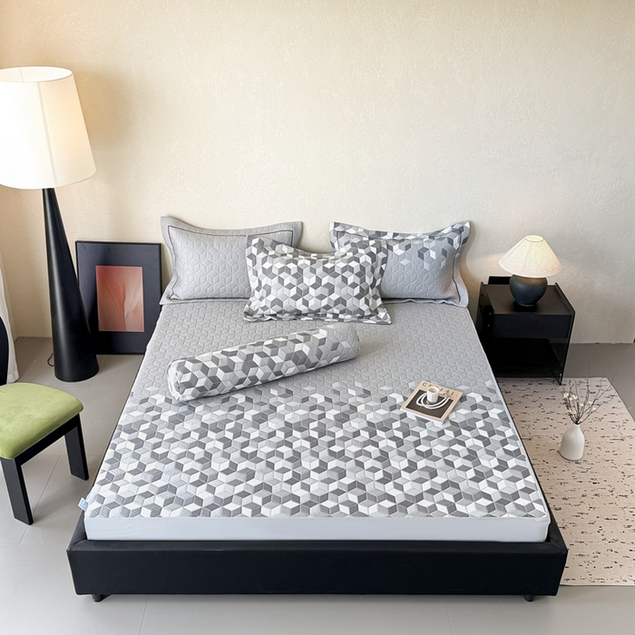 91家纺网 家纺一手货源 找家纺 若未家居 LOVEWE HOUSE 2025新款800克进口高分子100%乙纶PE冷凝凉感软席凉席渐变色织提花系列床笠-床笠款 魔方-玄灰