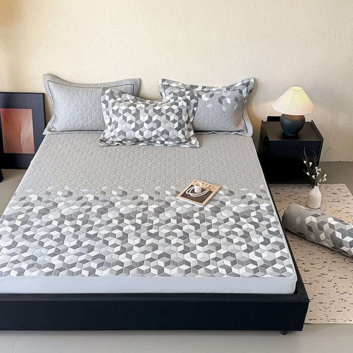 91家纺网 家纺一手货源 找家纺 若未家居 LOVEWE HOUSE 2025新款800克进口高分子100%乙纶PE冷凝凉感软席凉席渐变色织提花系列床笠-床笠款 魔方-玄灰