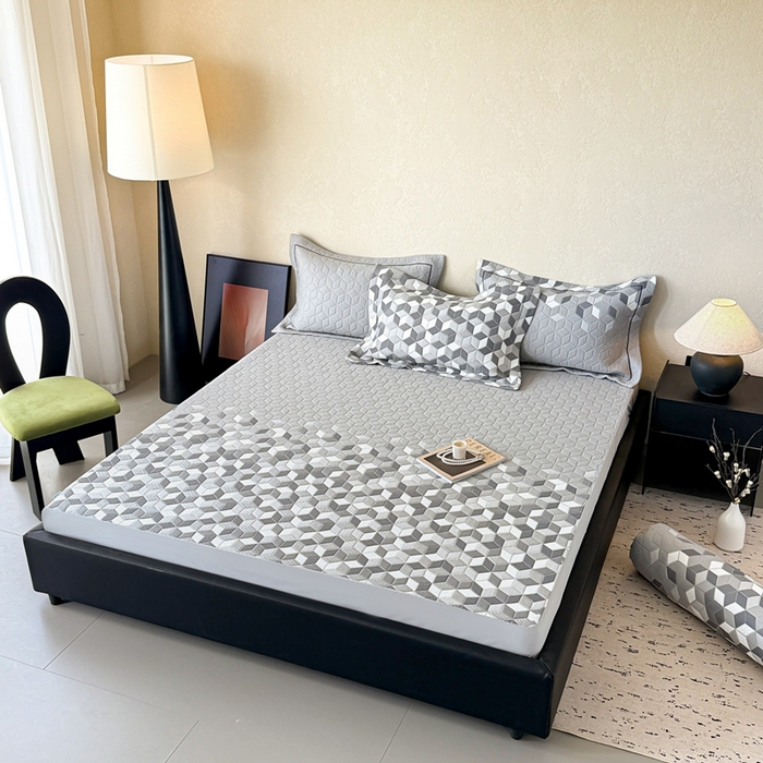 91家纺网 家纺一手货源 找家纺 若未家居 LOVEWE HOUSE 2025新款800克进口高分子100%乙纶PE冷凝凉感软席凉席渐变色织提花系列床笠-床笠款 魔方-玄灰