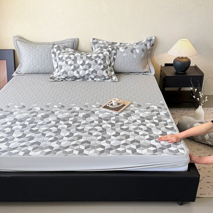 91家纺网 家纺一手货源 找家纺 若未家居 LOVEWE HOUSE 2025新款800克进口高分子100%乙纶PE冷凝凉感软席凉席渐变色织提花系列床笠-床笠款 魔方-玄灰