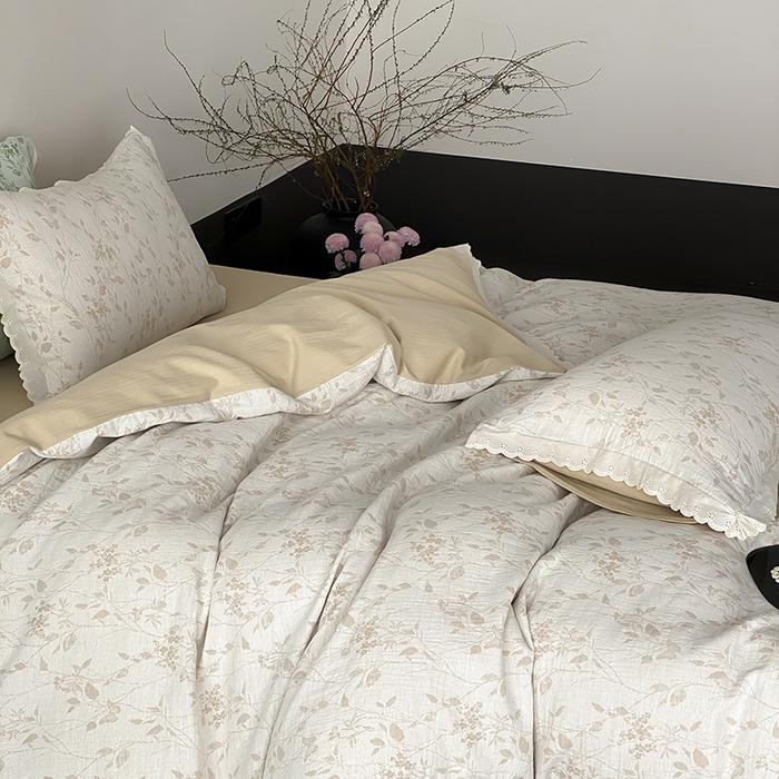 91家纺网 家纺一手货源 找家纺 梦享生活家居 2025新款双层纱花边四件套 羽叶米