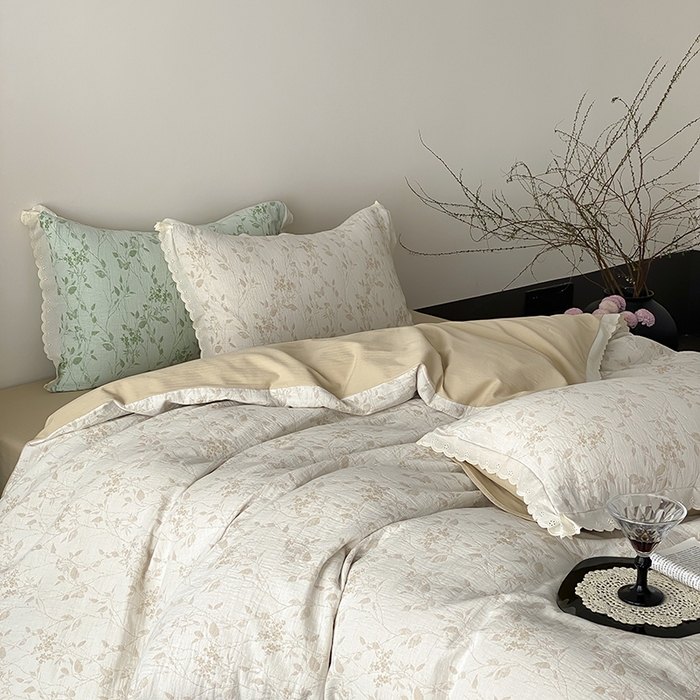 91家纺网 家纺一手货源 找家纺 梦享生活家居 2025新款双层纱花边四件套 羽叶米