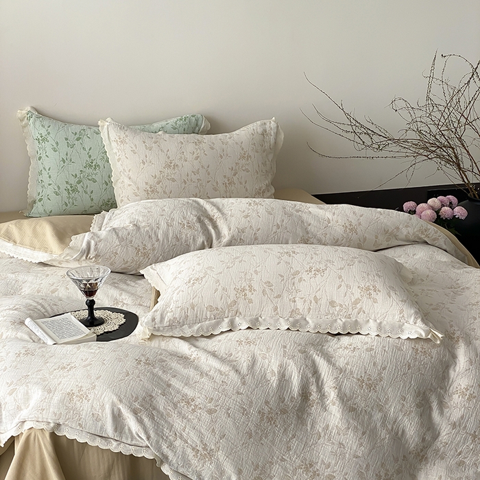 91家纺网 家纺一手货源 找家纺 梦享生活家居 2025新款双层纱花边四件套 羽叶米