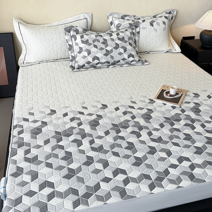 91家纺网 家纺一手货源 找家纺 若未家居 LOVEWE HOUSE 2025新款800克进口高分子100%乙纶PE冷凝凉感软席凉席渐变色织提花系列床笠-床笠款 魔方-白