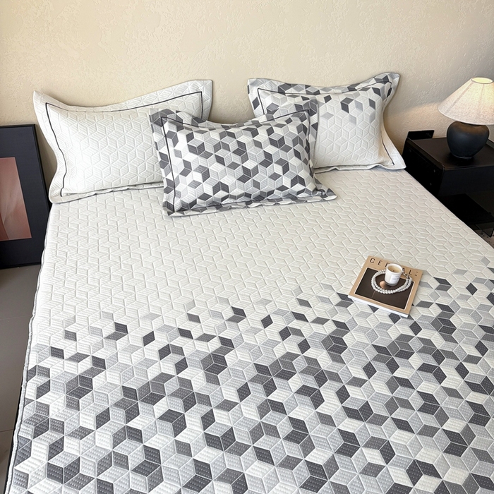 91家纺网 家纺一手货源 找家纺 若未家居 LOVEWE HOUSE 2025新款800克进口高分子100%乙纶PE冷凝凉感软席凉席渐变色织提花系列床笠-床笠款 魔方-白