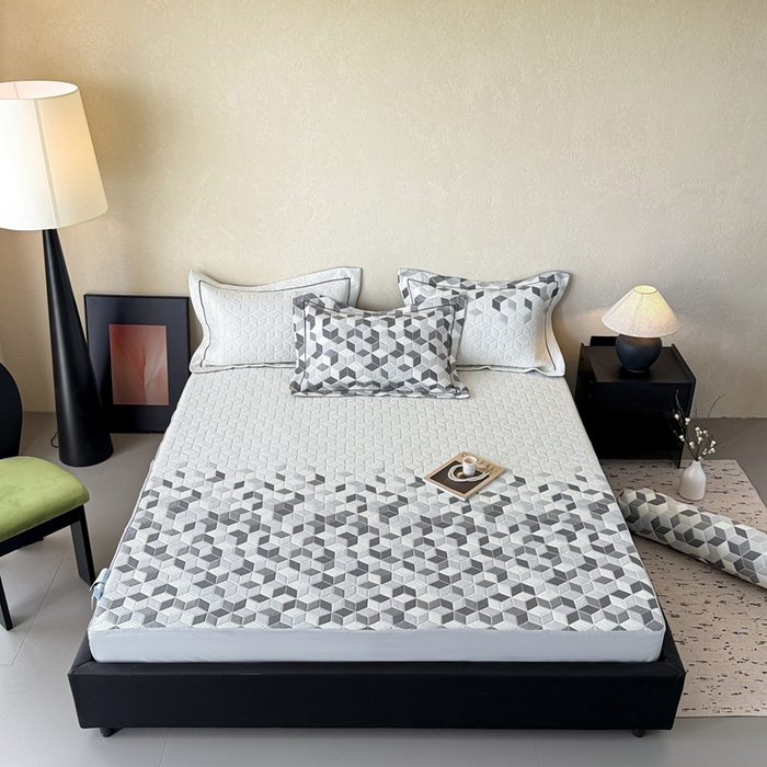 91家纺网 家纺一手货源 找家纺 若未家居 LOVEWE HOUSE 2025新款800克进口高分子100%乙纶PE冷凝凉感软席凉席渐变色织提花系列床笠-床笠款 魔方-白