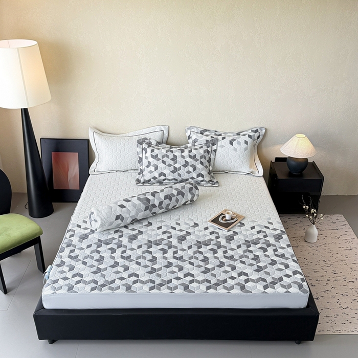 91家纺网 家纺一手货源 找家纺 若未家居 LOVEWE HOUSE 2025新款800克进口高分子100%乙纶PE冷凝凉感软席凉席渐变色织提花系列床笠-床笠款 魔方-白