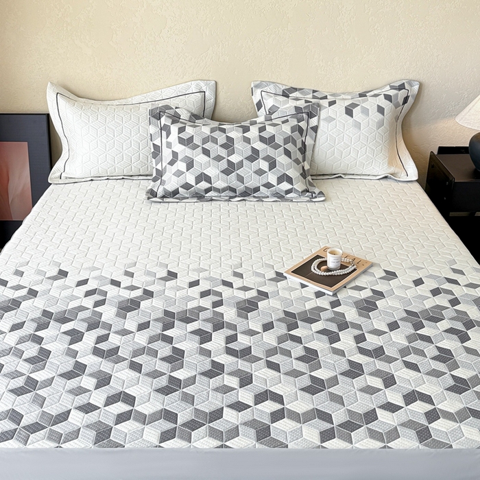 91家纺网 家纺一手货源 找家纺 若未家居 LOVEWE HOUSE 2025新款800克进口高分子100%乙纶PE冷凝凉感软席凉席渐变色织提花系列床笠-床笠款 魔方-白