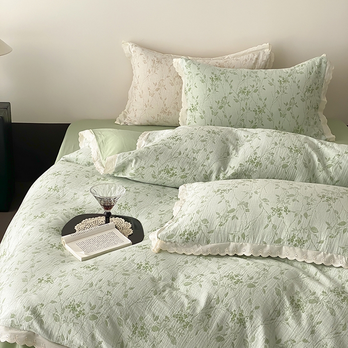 91家纺网 家纺一手货源 找家纺 梦享生活家居 2025新款双层纱花边四件套 羽叶绿
