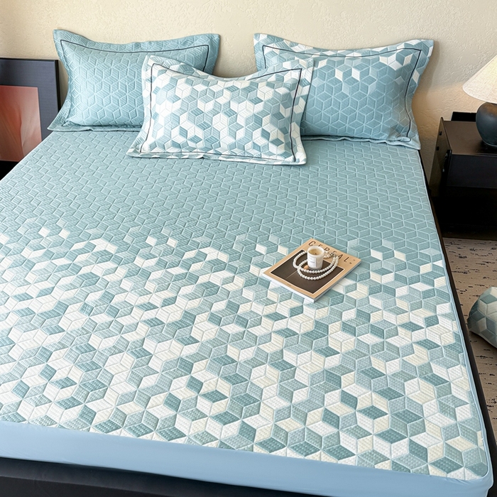 91家纺网 家纺一手货源 找家纺 若未家居 LOVEWE HOUSE 2025新款800克进口高分子100%乙纶PE冷凝凉感软席凉席渐变色织提花系列床笠-床笠款 魔方-蓝