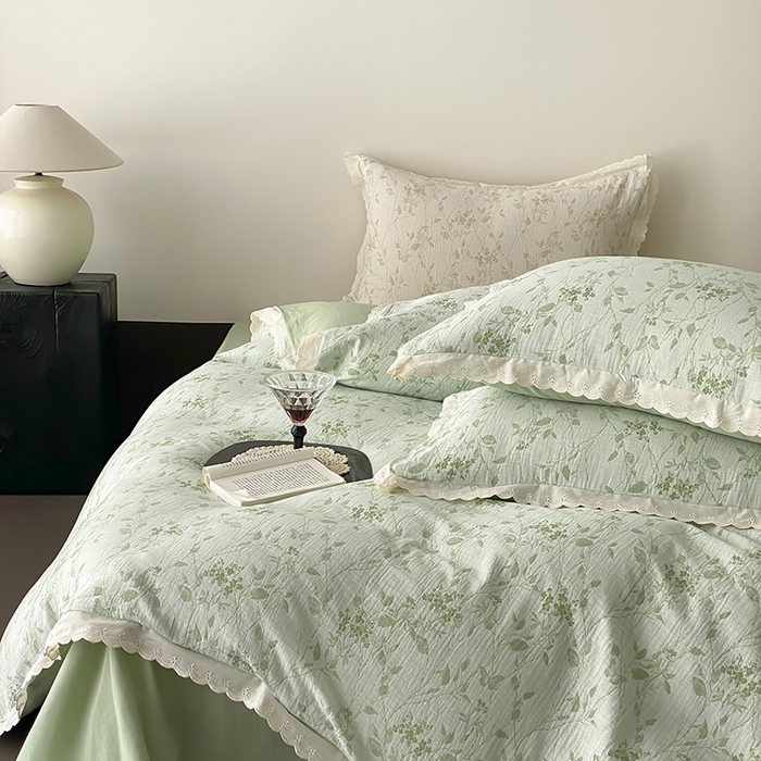 91家纺网 家纺一手货源 找家纺 梦享生活家居 2025新款双层纱花边四件套 羽叶绿