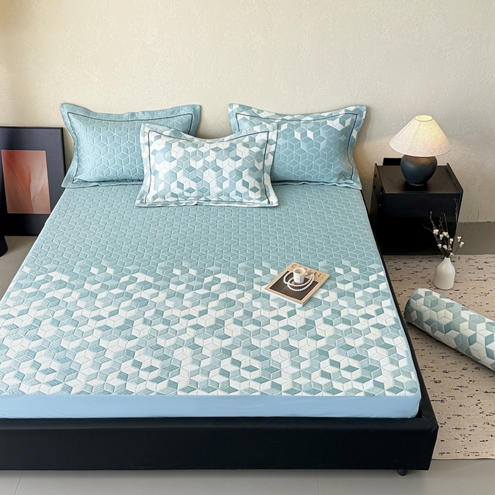 91家纺网 家纺一手货源 找家纺 若未家居 LOVEWE HOUSE 2025新款800克进口高分子100%乙纶PE冷凝凉感软席凉席渐变色织提花系列床笠-床笠款 魔方-蓝