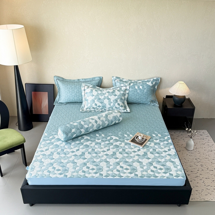 91家纺网 家纺一手货源 找家纺 若未家居 LOVEWE HOUSE 2025新款800克进口高分子100%乙纶PE冷凝凉感软席凉席渐变色织提花系列床笠-床笠款 魔方-蓝