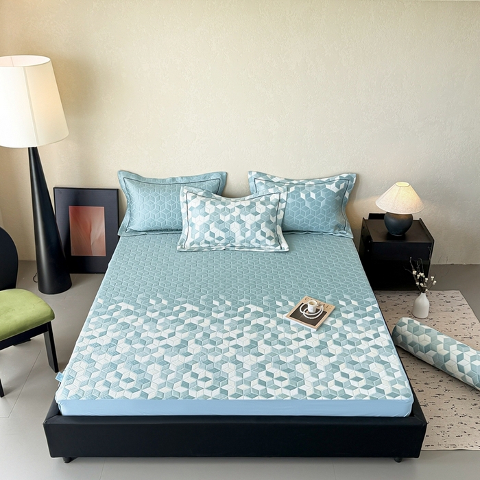 91家纺网 家纺一手货源 找家纺 若未家居 LOVEWE HOUSE 2025新款800克进口高分子100%乙纶PE冷凝凉感软席凉席渐变色织提花系列床笠-床笠款 魔方-蓝