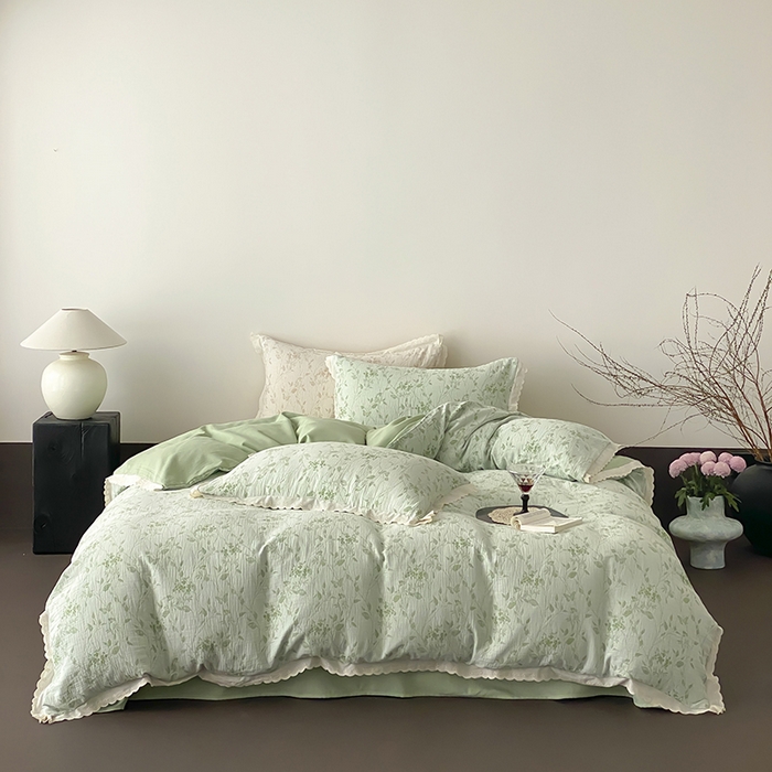 91家纺网 家纺一手货源 找家纺 梦享生活家居 2025新款双层纱花边四件套 羽叶绿