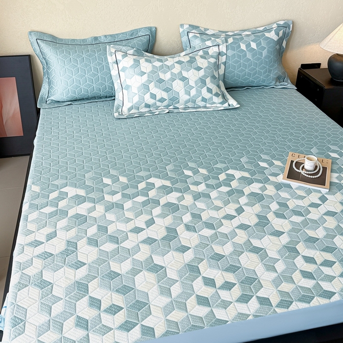 91家纺网 家纺一手货源 找家纺 若未家居 LOVEWE HOUSE 2025新款800克进口高分子100%乙纶PE冷凝凉感软席凉席渐变色织提花系列床笠-床笠款 魔方-蓝