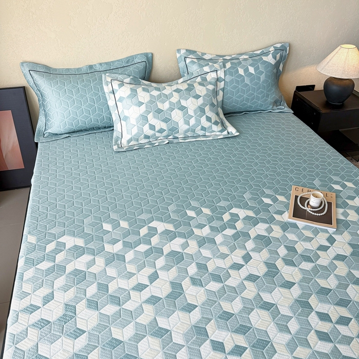 91家纺网 家纺一手货源 找家纺 若未家居 LOVEWE HOUSE 2025新款800克进口高分子100%乙纶PE冷凝凉感软席凉席渐变色织提花系列床笠-床笠款 魔方-蓝