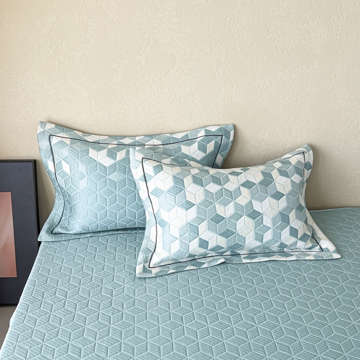 91家纺网 家纺一手货源 找家纺 若未家居 LOVEWE HOUSE 2025新款800克进口高分子100%乙纶PE冷凝凉感软席凉席渐变色织提花系列床笠-床笠款 魔方-蓝