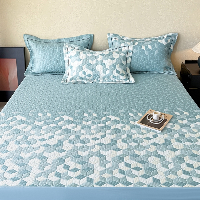 91家纺网 家纺一手货源 找家纺 若未家居 LOVEWE HOUSE 2025新款800克进口高分子100%乙纶PE冷凝凉感软席凉席渐变色织提花系列床笠-床笠款 魔方-蓝