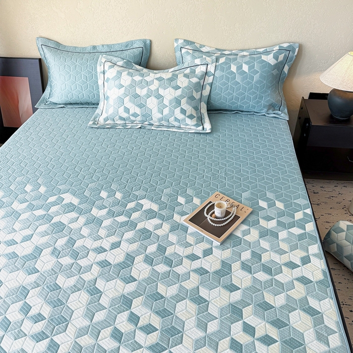 91家纺网 家纺一手货源 找家纺 若未家居 LOVEWE HOUSE 2025新款800克进口高分子100%乙纶PE冷凝凉感软席凉席渐变色织提花系列床笠-床笠款 魔方-蓝