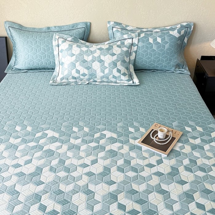 91家纺网 家纺一手货源 找家纺 若未家居 LOVEWE HOUSE 2025新款800克进口高分子100%乙纶PE冷凝凉感软席凉席渐变色织提花系列床笠-床笠款 魔方-蓝