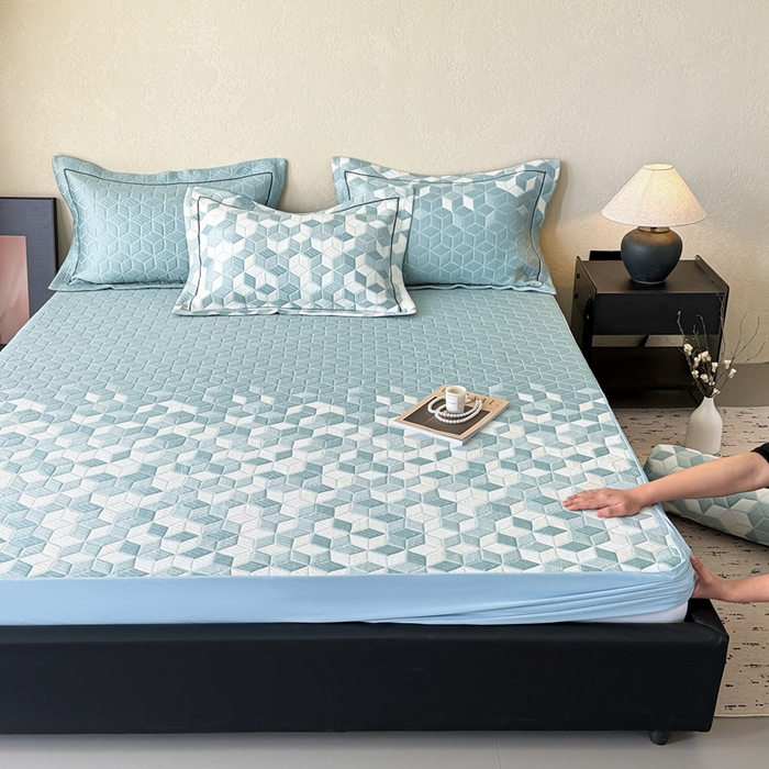 91家纺网 家纺一手货源 找家纺 若未家居 LOVEWE HOUSE 2025新款800克进口高分子100%乙纶PE冷凝凉感软席凉席渐变色织提花系列床笠-床笠款 魔方-蓝