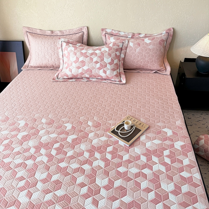 91家纺网 家纺一手货源 找家纺 若未家居 LOVEWE HOUSE 2025新款800克进口高分子100%乙纶PE冷凝凉感软席凉席渐变色织提花系列床笠-床笠款  魔方-粉