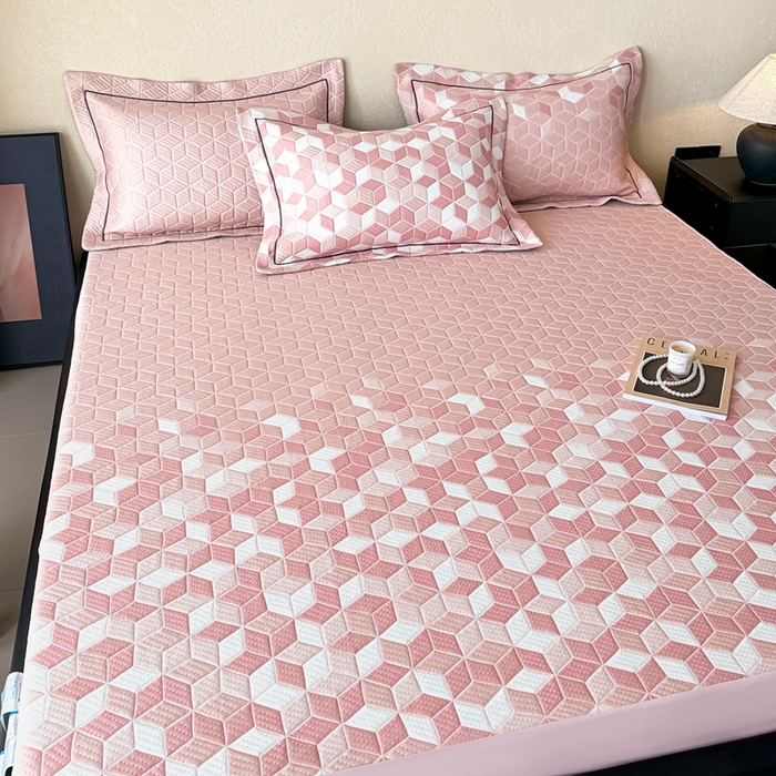 91家纺网 家纺一手货源 找家纺 若未家居 LOVEWE HOUSE 2025新款800克进口高分子100%乙纶PE冷凝凉感软席凉席渐变色织提花系列床笠-床笠款  魔方-粉