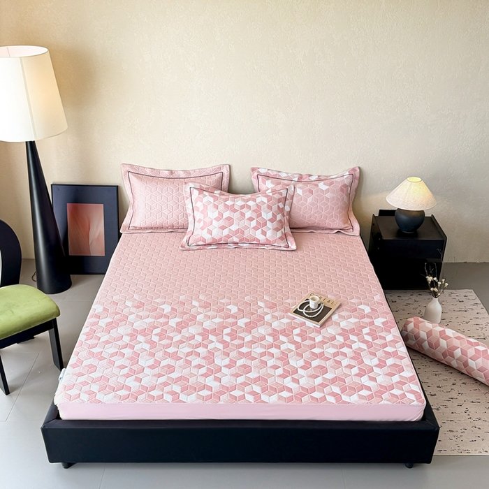 91家纺网 家纺一手货源 找家纺 若未家居 LOVEWE HOUSE 2025新款800克进口高分子100%乙纶PE冷凝凉感软席凉席渐变色织提花系列床笠-床笠款  魔方-粉