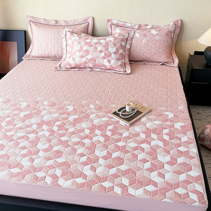91家纺网 家纺一手货源 找家纺 若未家居 LOVEWE HOUSE 2025新款800克进口高分子100%乙纶PE冷凝凉感软席凉席渐变色织提花系列床笠-床笠款  魔方-粉