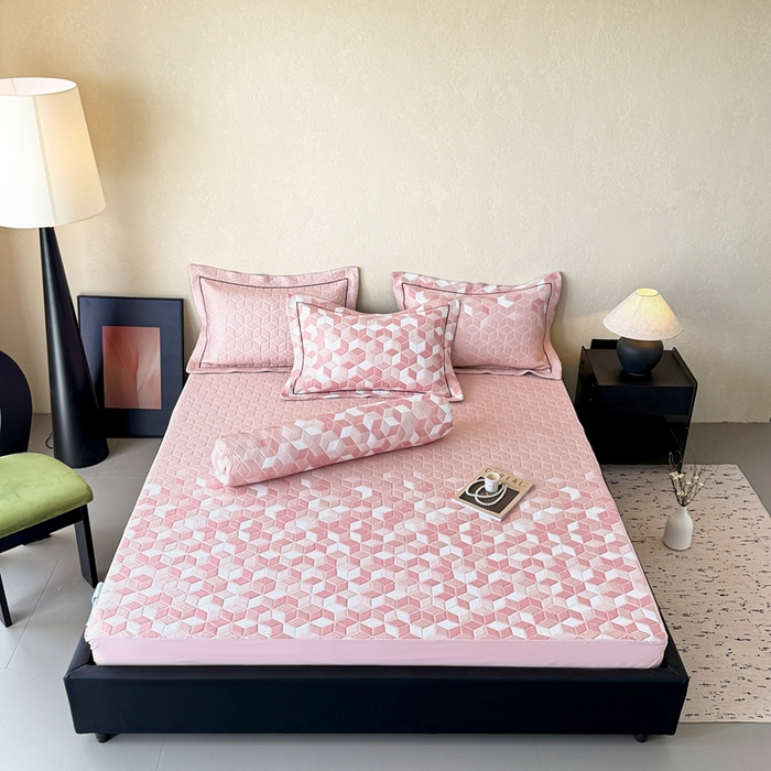 91家纺网 家纺一手货源 找家纺 若未家居 LOVEWE HOUSE 2025新款800克进口高分子100%乙纶PE冷凝凉感软席凉席渐变色织提花系列床笠-床笠款  魔方-粉