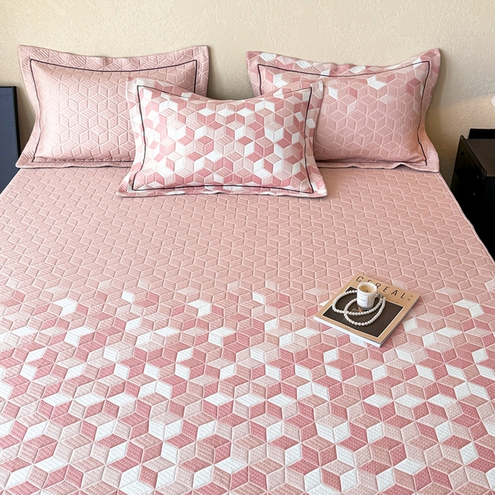 91家纺网 家纺一手货源 找家纺 若未家居 LOVEWE HOUSE 2025新款800克进口高分子100%乙纶PE冷凝凉感软席凉席渐变色织提花系列床笠-床笠款  魔方-粉