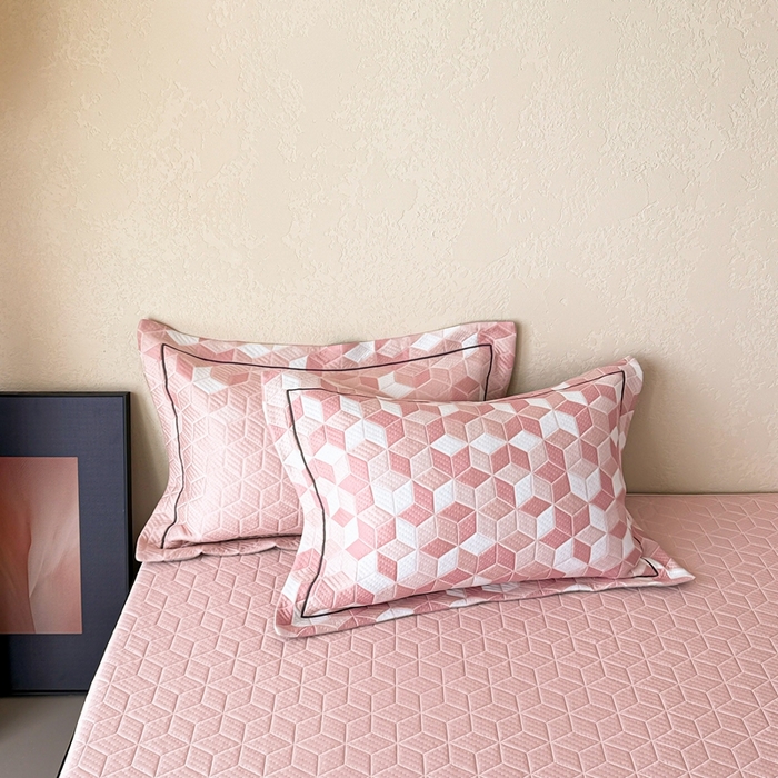 91家纺网 家纺一手货源 找家纺 若未家居 LOVEWE HOUSE 2025新款800克进口高分子100%乙纶PE冷凝凉感软席凉席渐变色织提花系列床笠-床笠款  魔方-粉