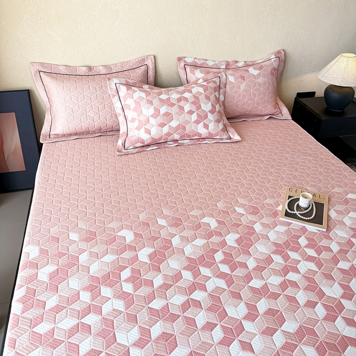 91家纺网 家纺一手货源 找家纺 若未家居 LOVEWE HOUSE 2025新款800克进口高分子100%乙纶PE冷凝凉感软席凉席渐变色织提花系列床笠-床笠款  魔方-粉