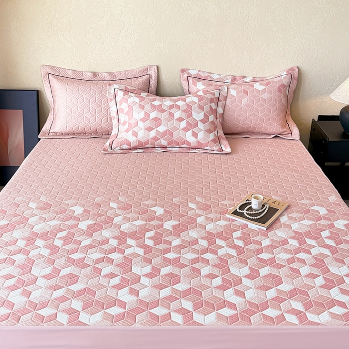 91家纺网 家纺一手货源 找家纺 若未家居 LOVEWE HOUSE 2025新款800克进口高分子100%乙纶PE冷凝凉感软席凉席渐变色织提花系列床笠-床笠款  魔方-粉