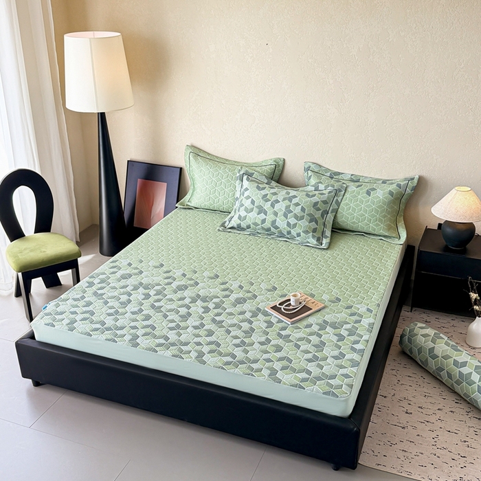 91家纺网 家纺一手货源 找家纺 若未家居 LOVEWE HOUSE 2025新款800克进口高分子100%乙纶PE冷凝凉感软席凉席渐变色织提花系列床笠-床笠款  魔方-绿