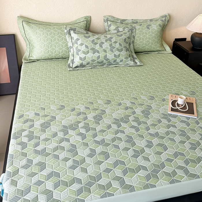 91家纺网 家纺一手货源 找家纺 若未家居 LOVEWE HOUSE 2025新款800克进口高分子100%乙纶PE冷凝凉感软席凉席渐变色织提花系列床笠-床笠款  魔方-绿