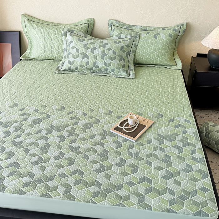 91家纺网 家纺一手货源 找家纺 若未家居 LOVEWE HOUSE 2025新款800克进口高分子100%乙纶PE冷凝凉感软席凉席渐变色织提花系列床笠-床笠款  魔方-绿