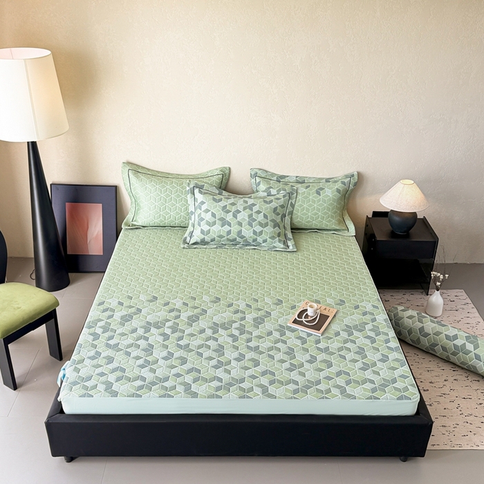 91家纺网 家纺一手货源 找家纺 若未家居 LOVEWE HOUSE 2025新款800克进口高分子100%乙纶PE冷凝凉感软席凉席渐变色织提花系列床笠-床笠款  魔方-绿