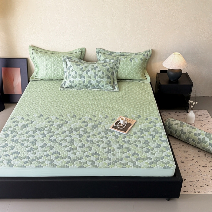 91家纺网 家纺一手货源 找家纺 若未家居 LOVEWE HOUSE 2025新款800克进口高分子100%乙纶PE冷凝凉感软席凉席渐变色织提花系列床笠-床笠款  魔方-绿