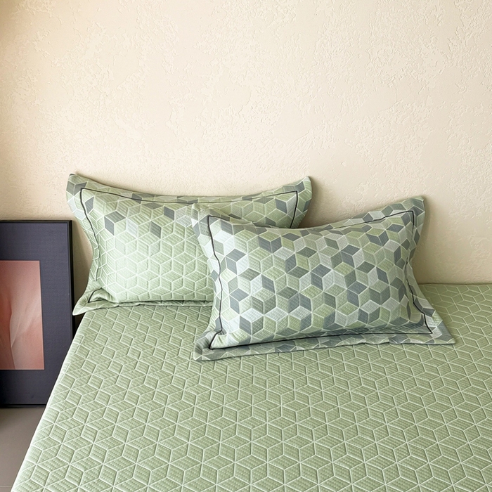 91家纺网 家纺一手货源 找家纺 若未家居 LOVEWE HOUSE 2025新款800克进口高分子100%乙纶PE冷凝凉感软席凉席渐变色织提花系列床笠-床笠款  魔方-绿