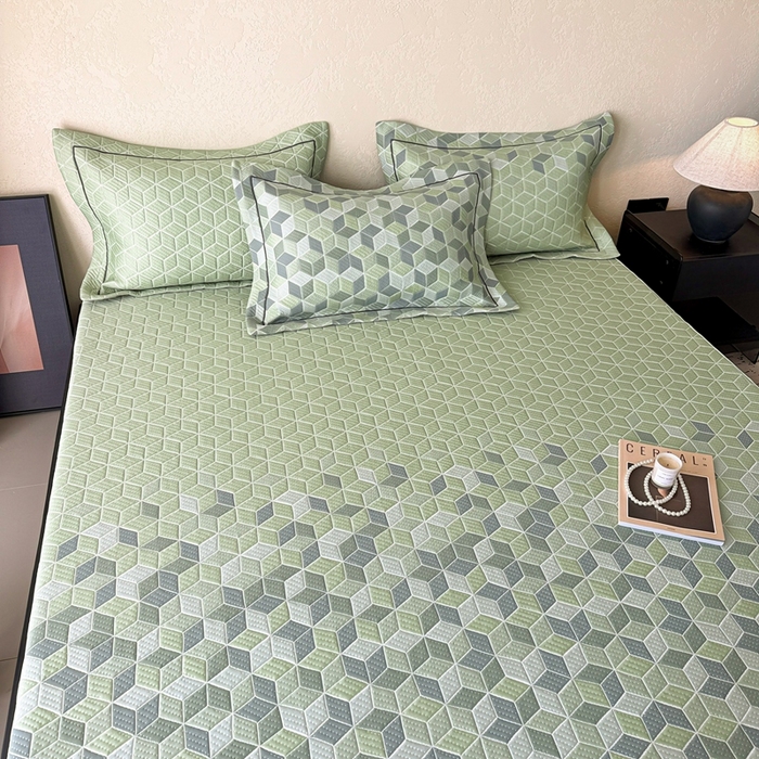 91家纺网 家纺一手货源 找家纺 若未家居 LOVEWE HOUSE 2025新款800克进口高分子100%乙纶PE冷凝凉感软席凉席渐变色织提花系列床笠-床笠款  魔方-绿