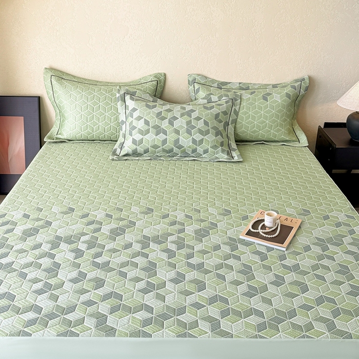 91家纺网 家纺一手货源 找家纺 若未家居 LOVEWE HOUSE 2025新款800克进口高分子100%乙纶PE冷凝凉感软席凉席渐变色织提花系列床笠-床笠款  魔方-绿